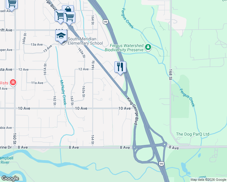 map of restaurants, bars, coffee shops, grocery stores, and more near 1096 165 Street in Surrey