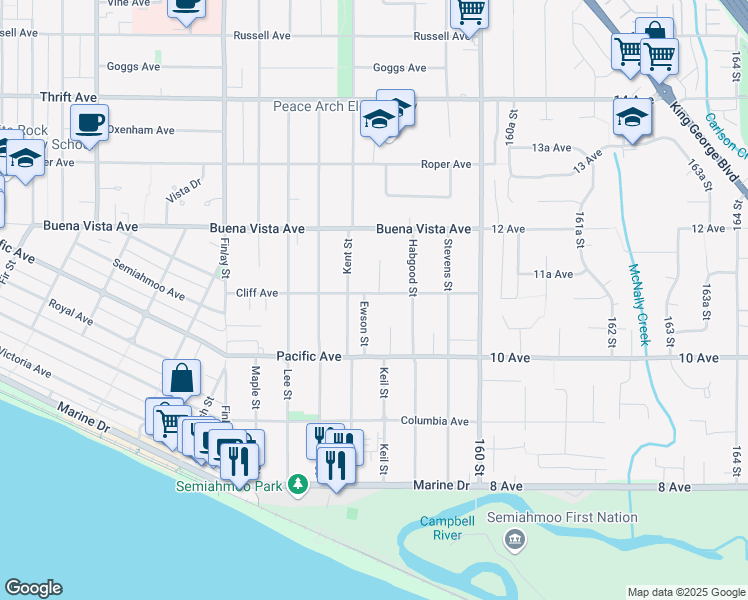 map of restaurants, bars, coffee shops, grocery stores, and more near in White Rock