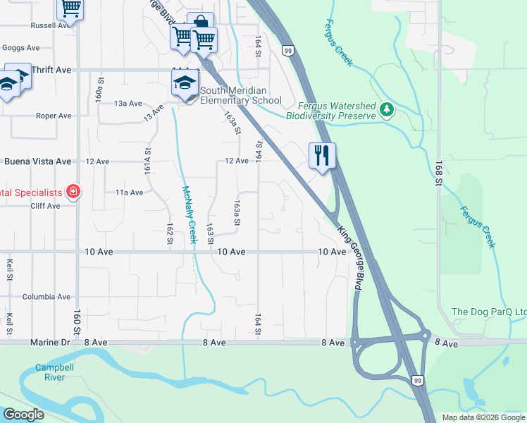 map of restaurants, bars, coffee shops, grocery stores, and more near 1090 164 Street in Surrey