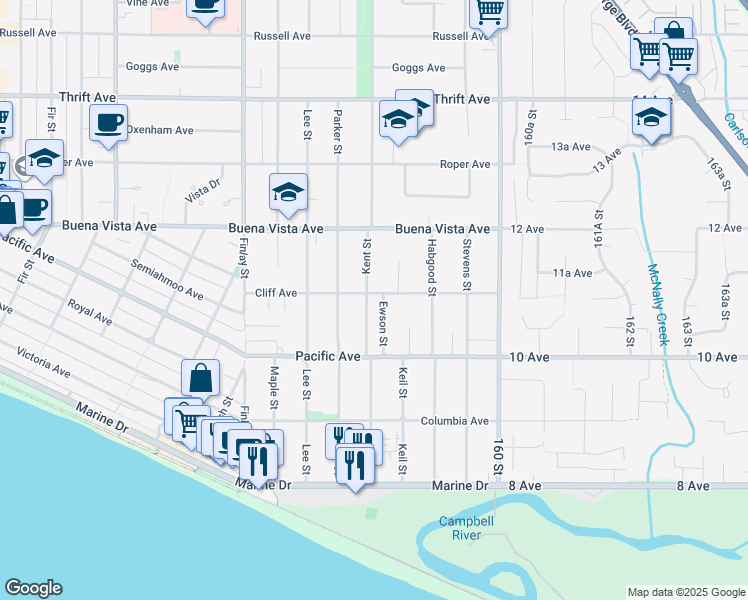 map of restaurants, bars, coffee shops, grocery stores, and more near 1089 Ewson Street in White Rock