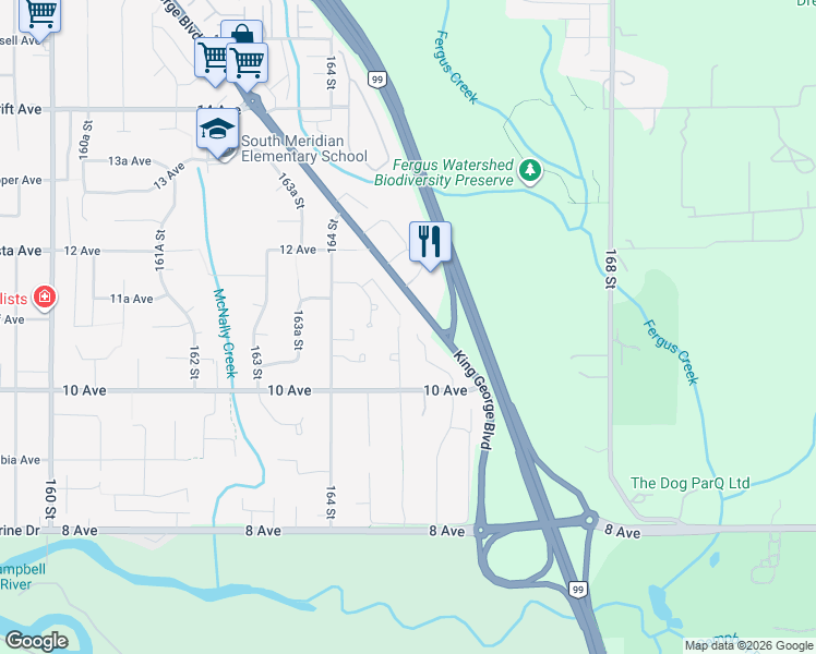 map of restaurants, bars, coffee shops, grocery stores, and more near 1096 165 Street in Surrey