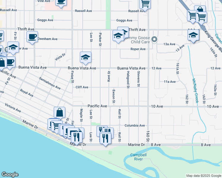 map of restaurants, bars, coffee shops, grocery stores, and more near 1089 Ewson Street in White Rock