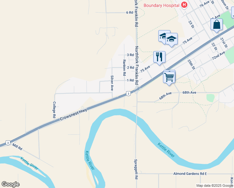 map of restaurants, bars, coffee shops, grocery stores, and more near 3185 Sion Frontage Road in Grand Forks