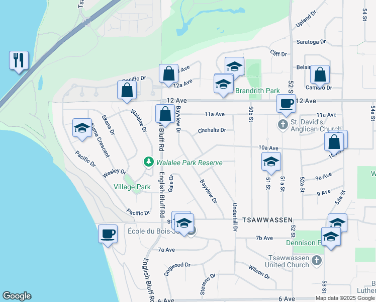 map of restaurants, bars, coffee shops, grocery stores, and more near 1048 Bayview Drive in Delta