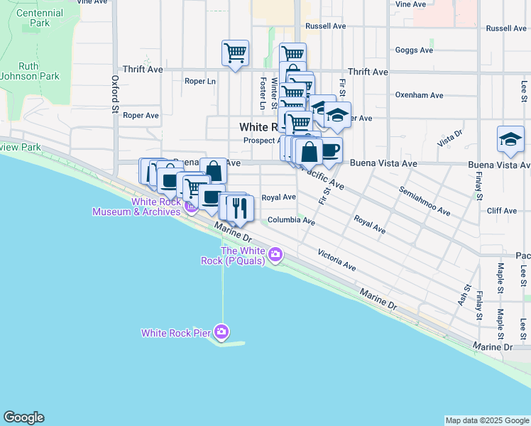 map of restaurants, bars, coffee shops, grocery stores, and more near in White Rock