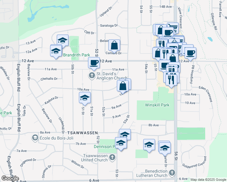map of restaurants, bars, coffee shops, grocery stores, and more near 5276 10A Avenue in Delta