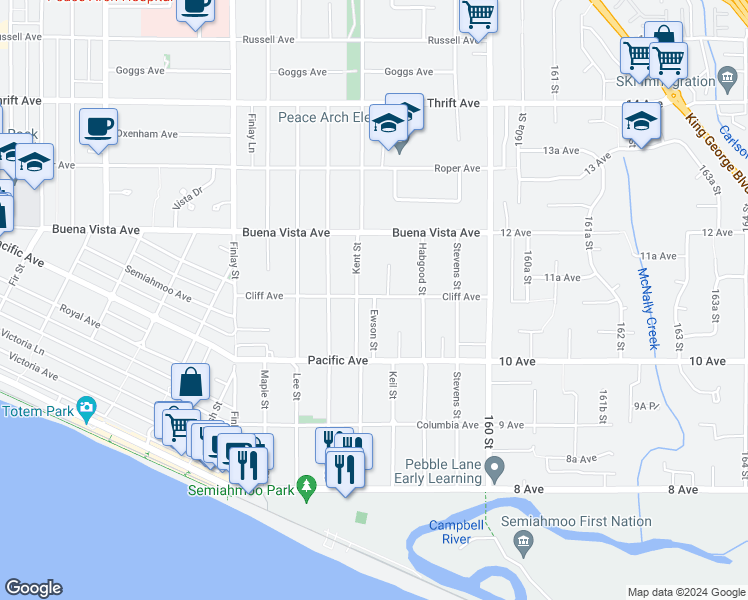 map of restaurants, bars, coffee shops, grocery stores, and more near 1089 Ewson Street in White Rock