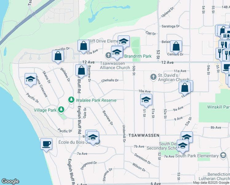 map of restaurants, bars, coffee shops, grocery stores, and more near 4984 10A Avenue in Delta