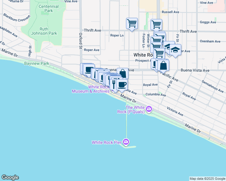 map of restaurants, bars, coffee shops, grocery stores, and more near 14965 Marine Drive in White Rock