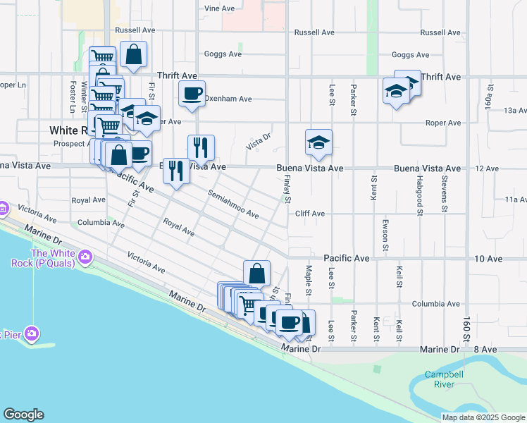 map of restaurants, bars, coffee shops, grocery stores, and more near 15549 Semiahmoo Avenue in White Rock