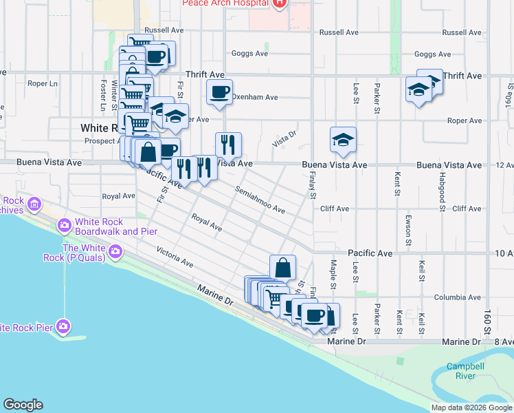 map of restaurants, bars, coffee shops, grocery stores, and more near 15482 Semiahmoo Avenue in White Rock
