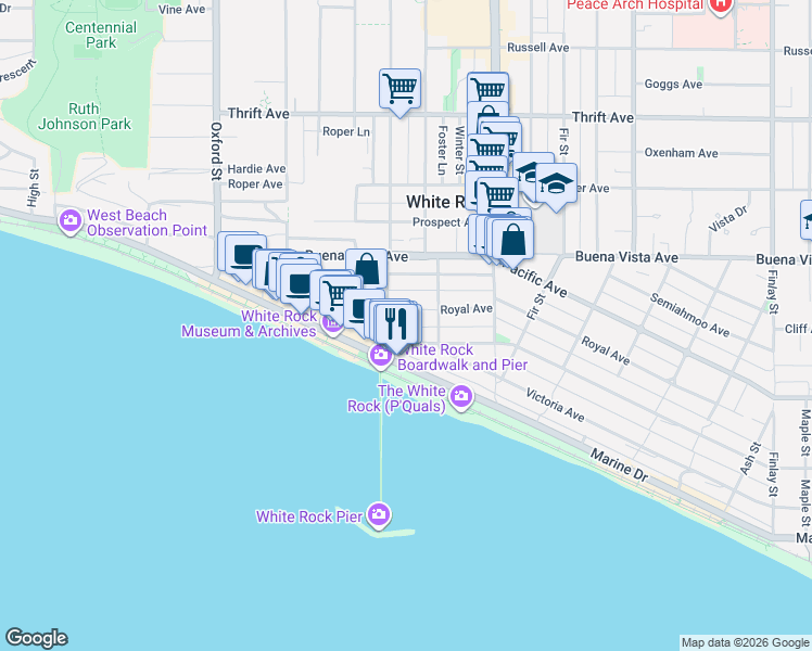 map of restaurants, bars, coffee shops, grocery stores, and more near 15061 Victoria Avenue in White Rock