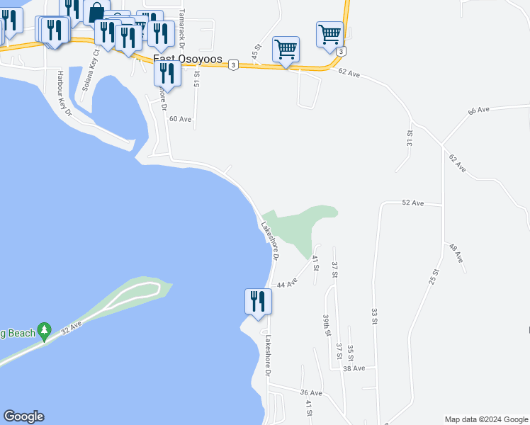 map of restaurants, bars, coffee shops, grocery stores, and more near 5005 Lakeshore Drive in Osoyoos
