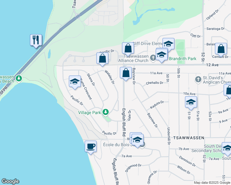 map of restaurants, bars, coffee shops, grocery stores, and more near 1059 Walalee Drive in Delta