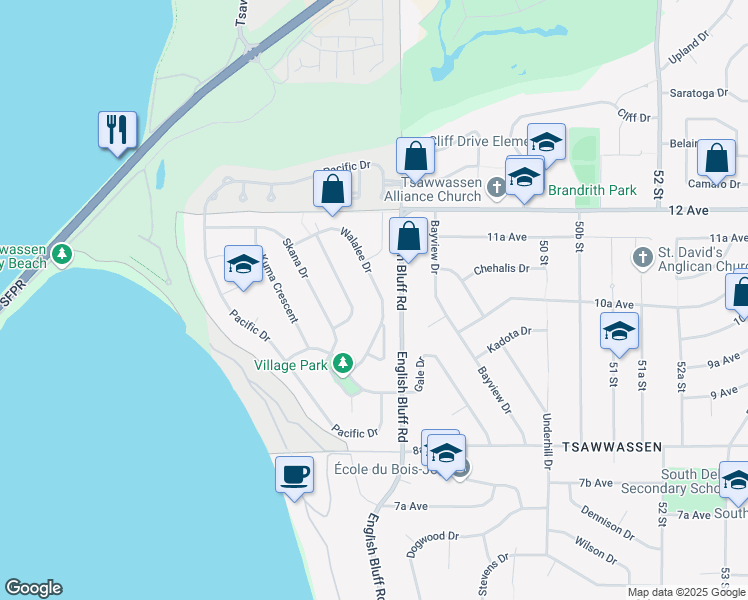 map of restaurants, bars, coffee shops, grocery stores, and more near 1059 Walalee Drive in Delta