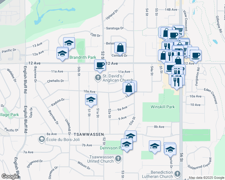 map of restaurants, bars, coffee shops, grocery stores, and more near 5247 10A Avenue in Delta
