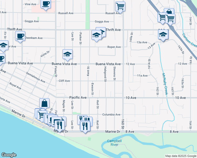 map of restaurants, bars, coffee shops, grocery stores, and more near 15839 Cliff Avenue in White Rock
