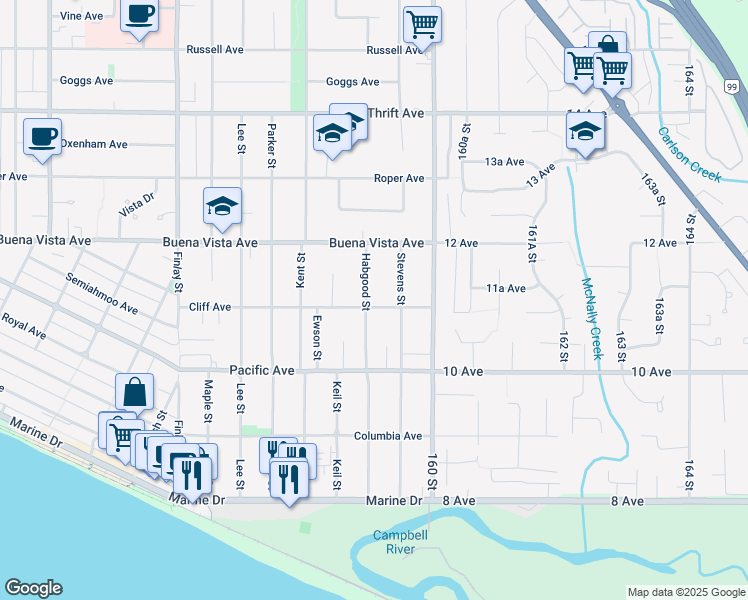 map of restaurants, bars, coffee shops, grocery stores, and more near 15911 Cliff Avenue in White Rock