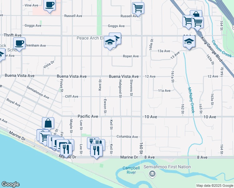 map of restaurants, bars, coffee shops, grocery stores, and more near 15861 Cliff Avenue in White Rock