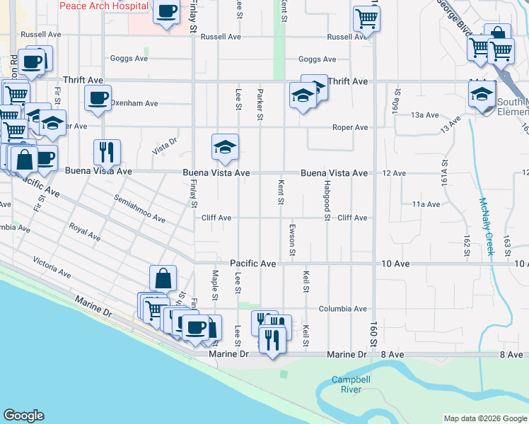 map of restaurants, bars, coffee shops, grocery stores, and more near 15761 Cliff Avenue in White Rock