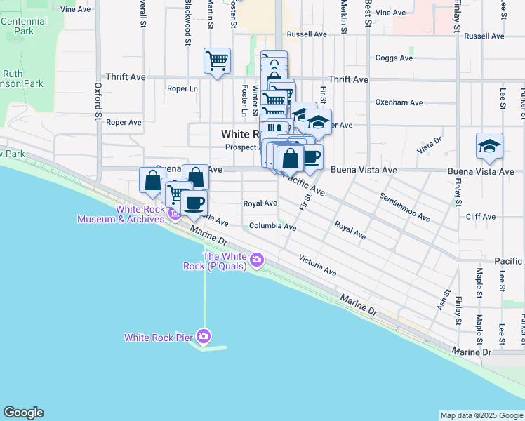 map of restaurants, bars, coffee shops, grocery stores, and more near 15158 Royal Avenue in White Rock