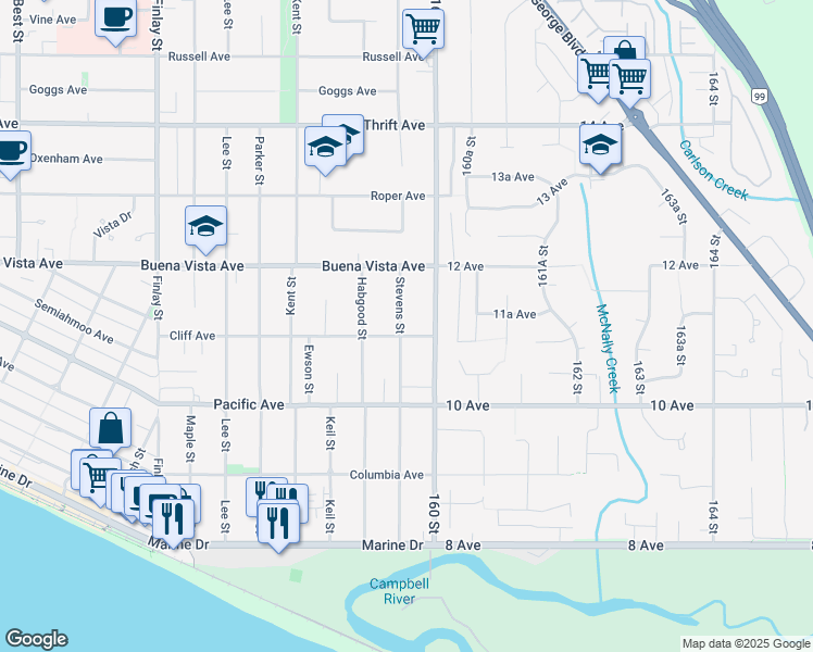 map of restaurants, bars, coffee shops, grocery stores, and more near 1112 Stevens Street in White Rock