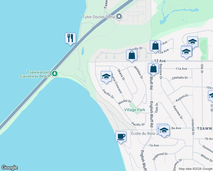 map of restaurants, bars, coffee shops, grocery stores, and more near 1020 Pacific Place in Delta