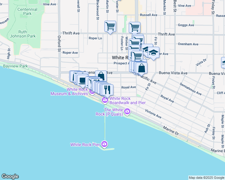 map of restaurants, bars, coffee shops, grocery stores, and more near 15062 Royal Avenue in White Rock