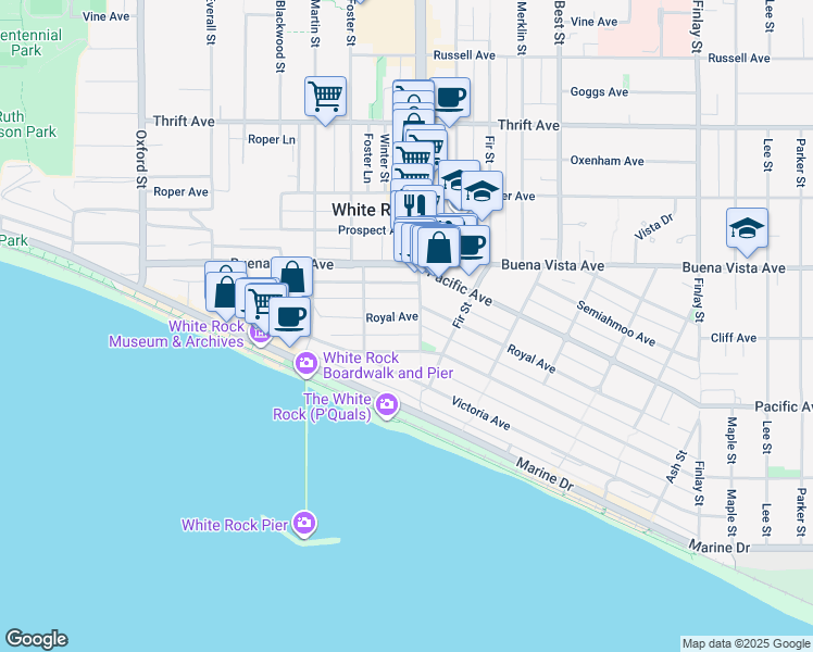 map of restaurants, bars, coffee shops, grocery stores, and more near 15176 Royal Avenue in White Rock