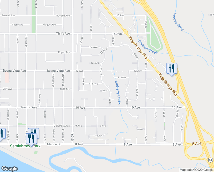 map of restaurants, bars, coffee shops, grocery stores, and more near 1114 161A Street in Surrey