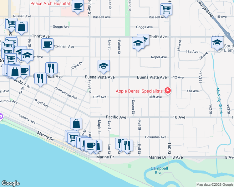 map of restaurants, bars, coffee shops, grocery stores, and more near 1117 Parker Street in White Rock