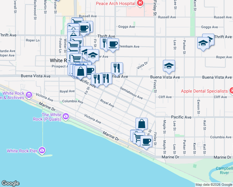 map of restaurants, bars, coffee shops, grocery stores, and more near 1113 Dolphin Street in White Rock