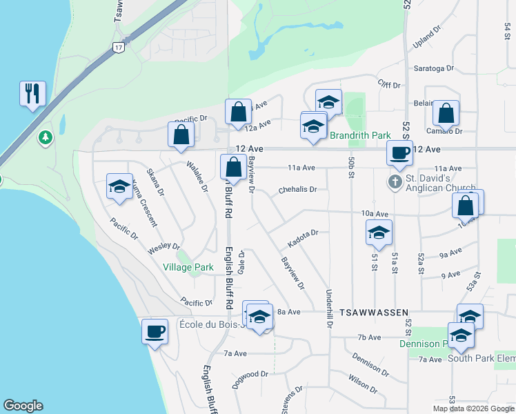 map of restaurants, bars, coffee shops, grocery stores, and more near 1074 Bayview Drive in Delta