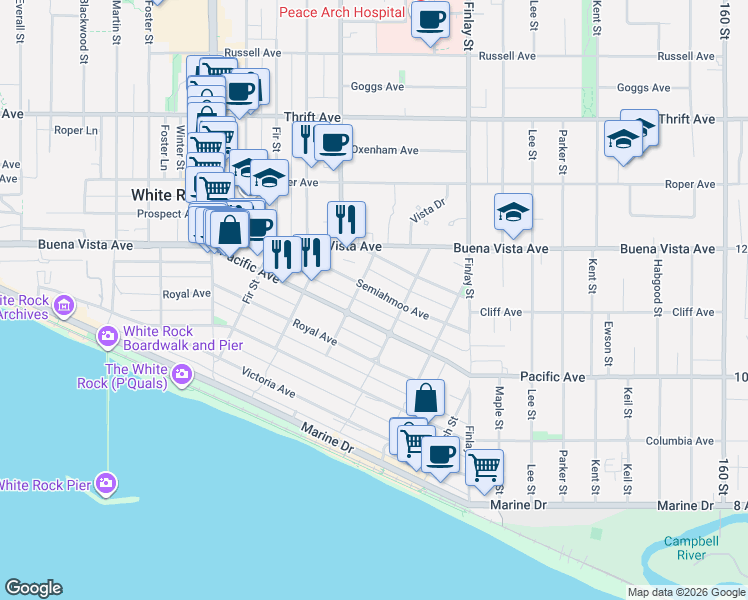 map of restaurants, bars, coffee shops, grocery stores, and more near 15460 Semiahmoo Avenue in White Rock