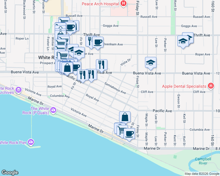 map of restaurants, bars, coffee shops, grocery stores, and more near 15460 Semiahmoo Avenue in White Rock
