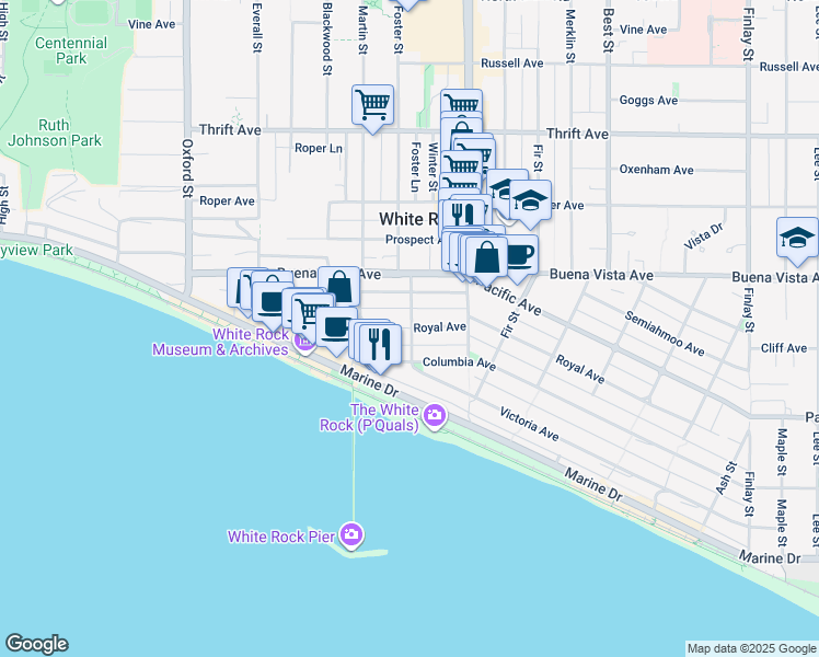 map of restaurants, bars, coffee shops, grocery stores, and more near 15100 Royal Avenue in White Rock
