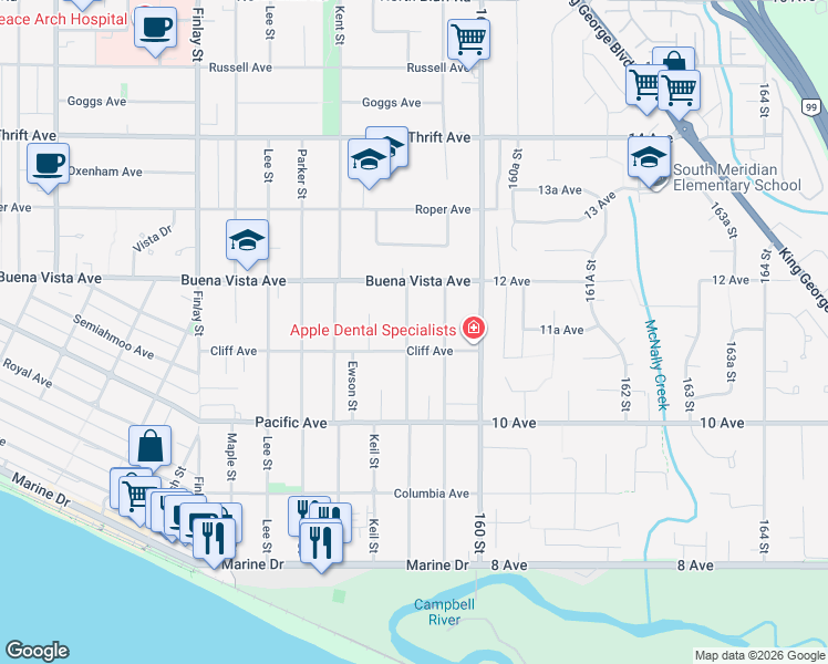 map of restaurants, bars, coffee shops, grocery stores, and more near 1136 Habgood Street in White Rock