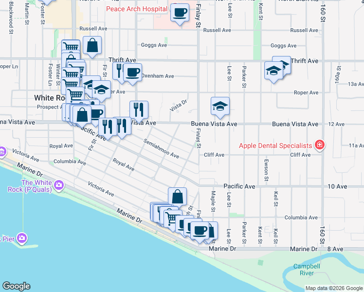 map of restaurants, bars, coffee shops, grocery stores, and more near 15554 Cliff Avenue in White Rock