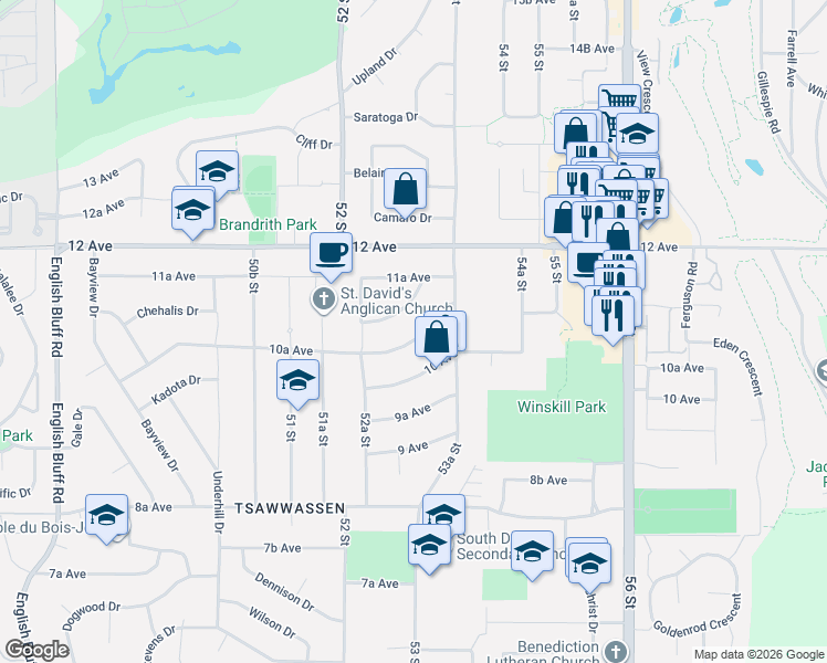 map of restaurants, bars, coffee shops, grocery stores, and more near 5301 10A Avenue in Delta