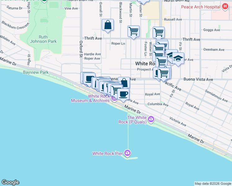 map of restaurants, bars, coffee shops, grocery stores, and more near 14981 Victoria Avenue in White Rock
