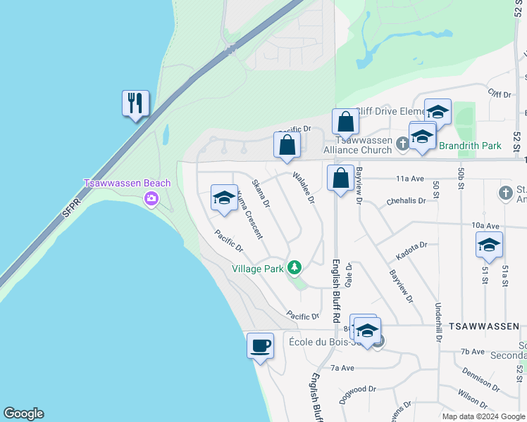 map of restaurants, bars, coffee shops, grocery stores, and more near 1103 Skana Drive in Delta