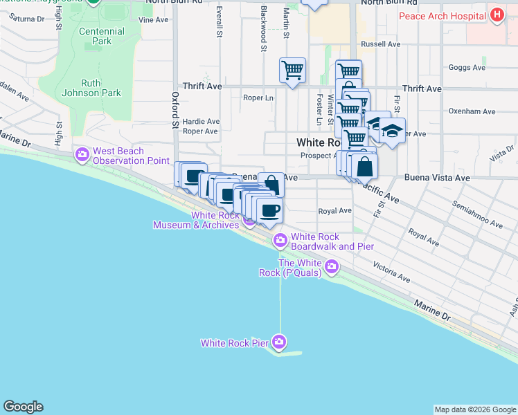 map of restaurants, bars, coffee shops, grocery stores, and more near 14985 Victoria Avenue in White Rock