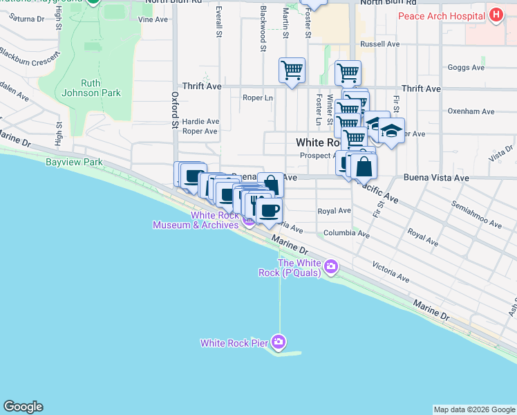 map of restaurants, bars, coffee shops, grocery stores, and more near 14985 Victoria Avenue in White Rock