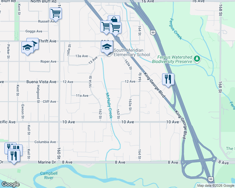 map of restaurants, bars, coffee shops, grocery stores, and more near 16281 11 Avenue in Surrey