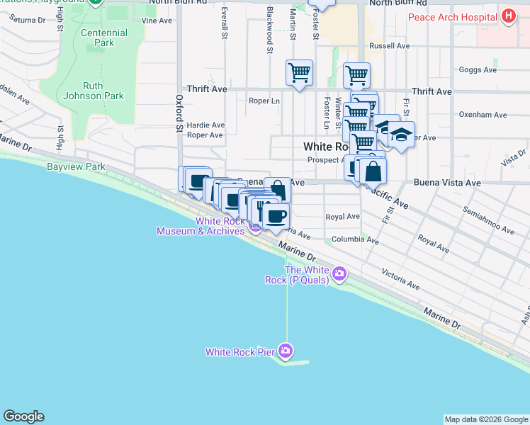 map of restaurants, bars, coffee shops, grocery stores, and more near in White Rock
