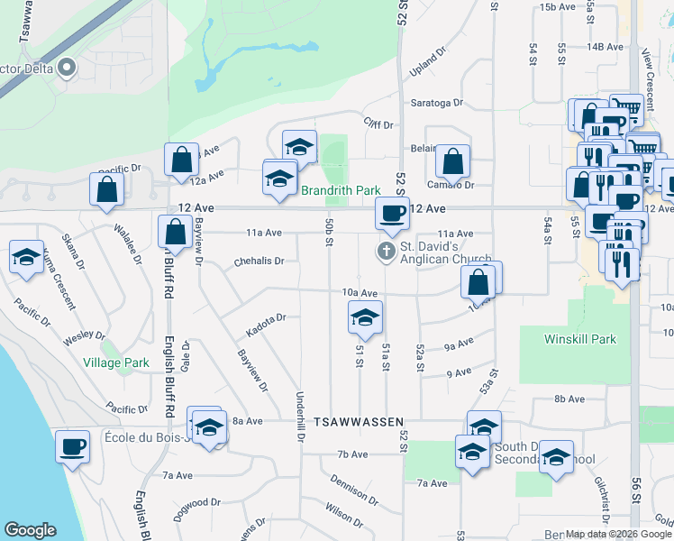 map of restaurants, bars, coffee shops, grocery stores, and more near 1088 50B Street in Delta