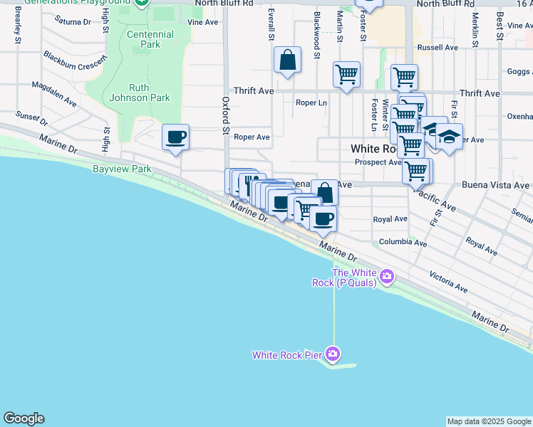 map of restaurants, bars, coffee shops, grocery stores, and more near 14881 Marine Drive in White Rock