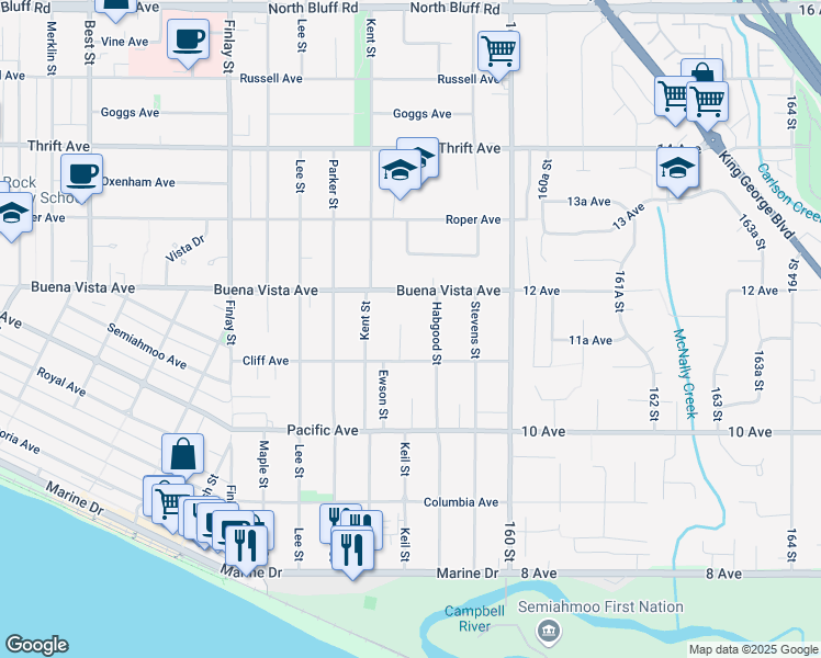 map of restaurants, bars, coffee shops, grocery stores, and more near 1166 Keil Crescent in White Rock