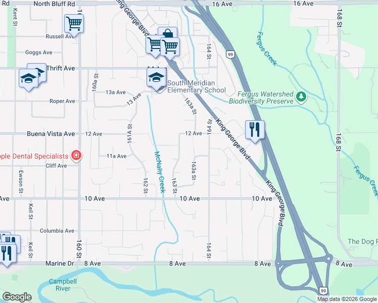 map of restaurants, bars, coffee shops, grocery stores, and more near 1143 163B Street in Surrey