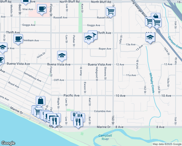 map of restaurants, bars, coffee shops, grocery stores, and more near 1166 Keil Crescent in White Rock